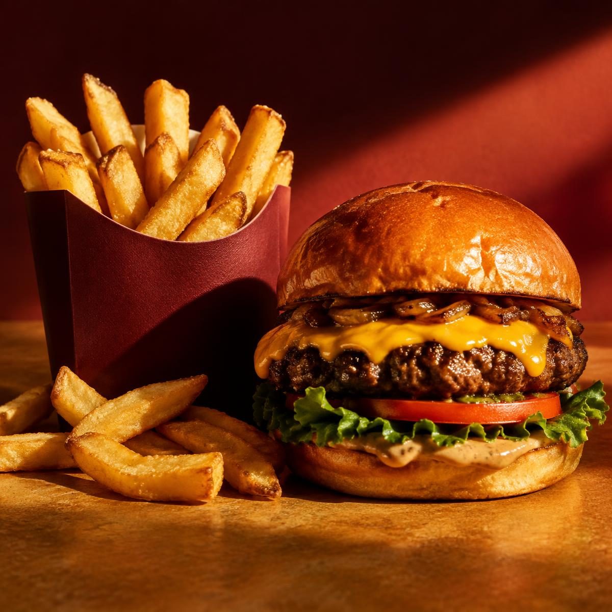 Burger e batatas em composição gastronômica
